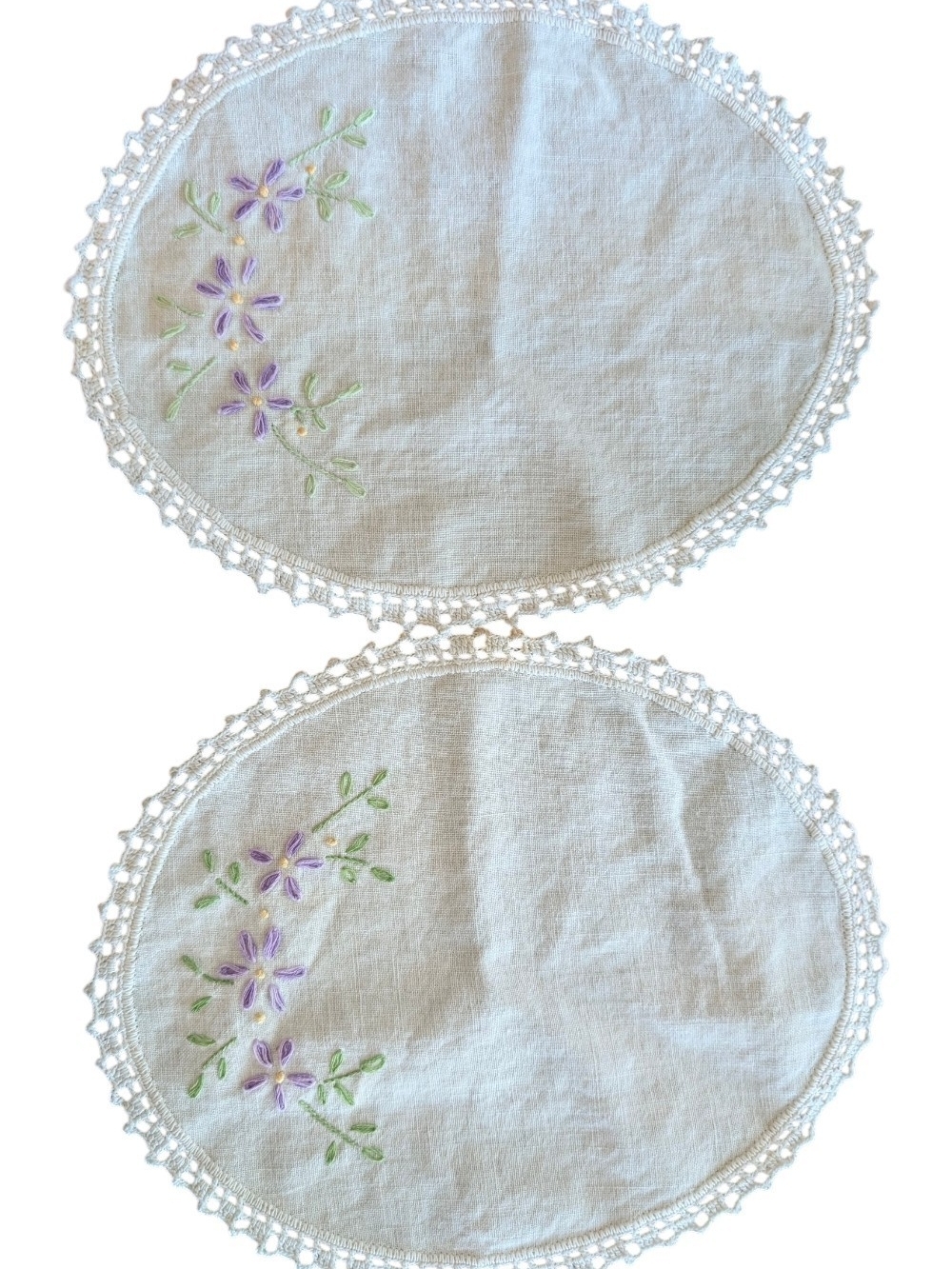 Hand-Embroidered Linen Doilies with Purple Floral Accents